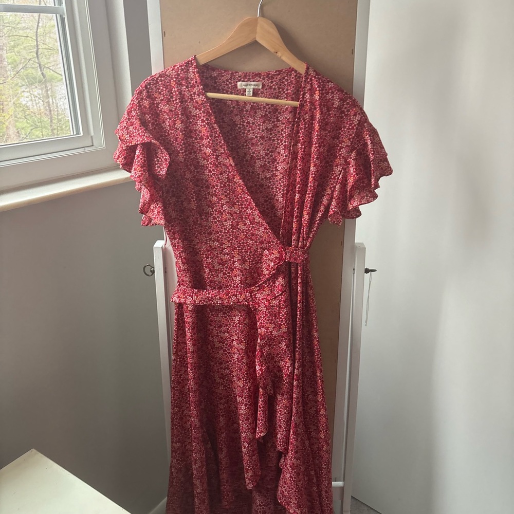 Red Floral Wrap Dress with Ruffle Sleeves